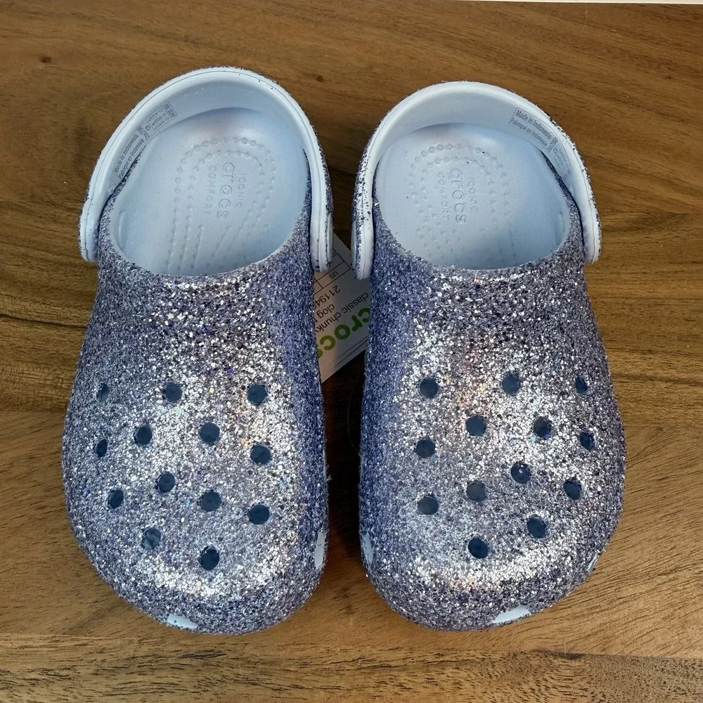 NWT Little Kids Girls Crocs Purple Classic Chunky Glitter Clogs Sandals Size 9 C
